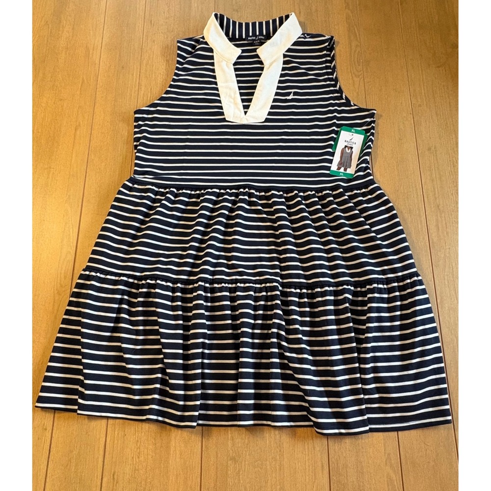 Nautica Jeans Polo Dress XL Navy White Striped Sleeveless Tiered 1844377 - Picture 6 of 11